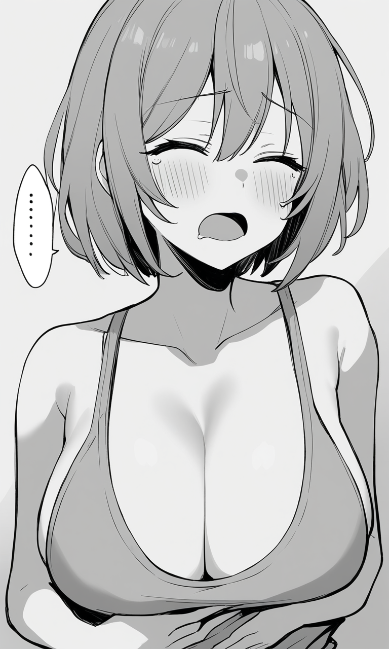 AI Art: 2 Girls Bare Arms Blush Breast Envy Breasts Bursting Breasts  Collarbone Greyscale Hand on Own Stomach Large Breasts Medium Breasts  Monochrome Multiple Girls Oekaki Open Mouth Short Hair Squeans Tank