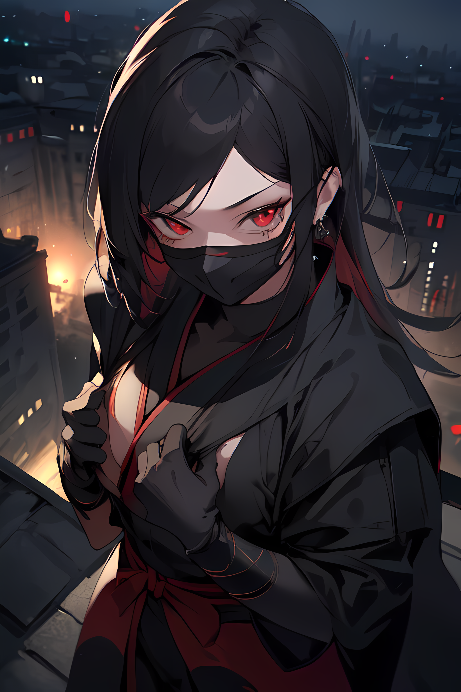 ninja, black hair, little girl, hood, - AI Photo Generator - starryai