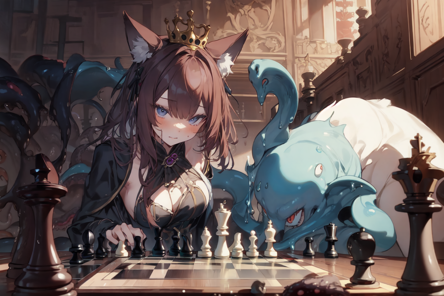 AI Art: Are you giving up? ~ Chess Duel: Fox Girl vs. Tentacle by @Koneko  Aisuzu