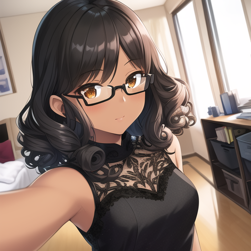 Illustration of a dark-skinned anime girl with glasses and curly hair