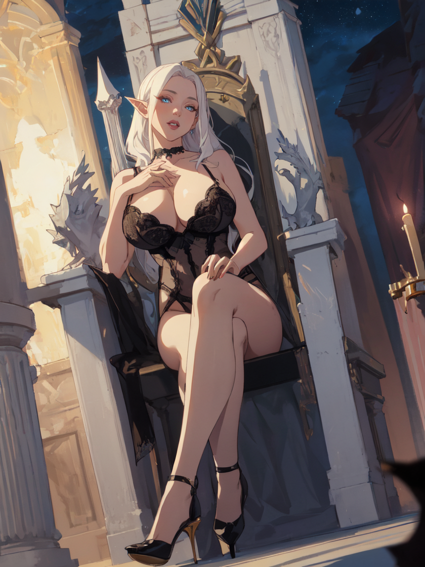 AI Art: Silver-haired Elf Seductress on her Throne by @oldflowers | PixAI