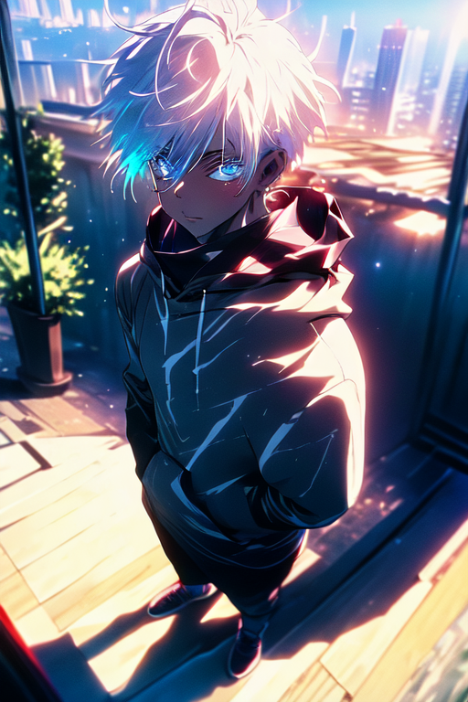 An teenage anime boy with white frosty hair, glowing blue eyes, a