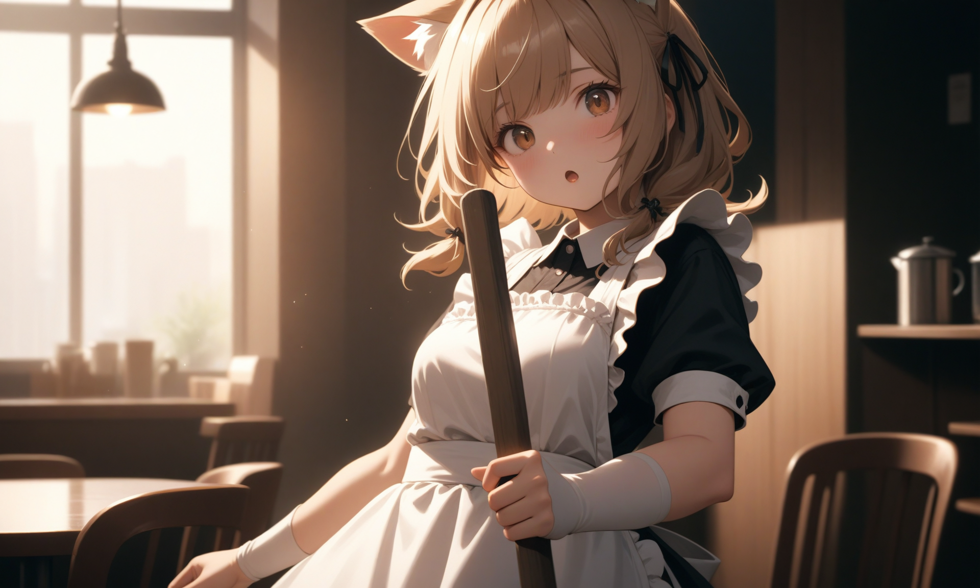 AI Art: cat girl, maid, cleaning, by @Potee | PixAI