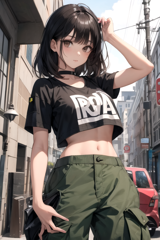 AI Art: A random tomboy I saw on the street, wearing a midriff-baring tee  and baggy cargo pants by @I generate otenba and anime midriff to make my  life a little less