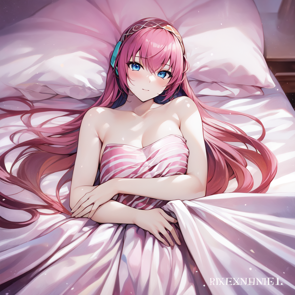 AI Art: Megurine Luka Lying on Satin Pink Bed Sheets 7 by @Muhammad Egil  Zulqadri | PixAI