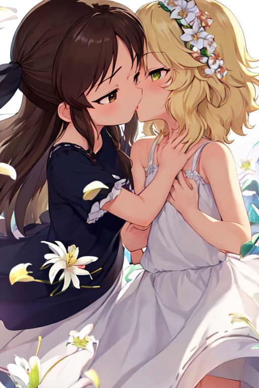 lesbians, closed eyes, two women, anime, anime girls, kissing, yuri, maid