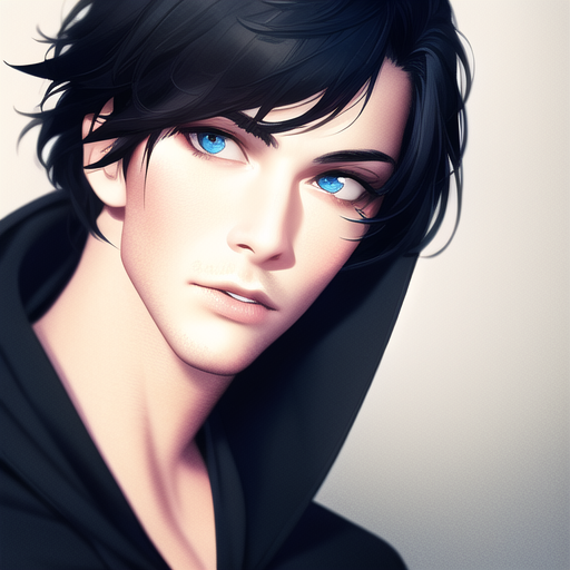 Blue eyes anime boy detailed black - AI Photo Generator - starryai