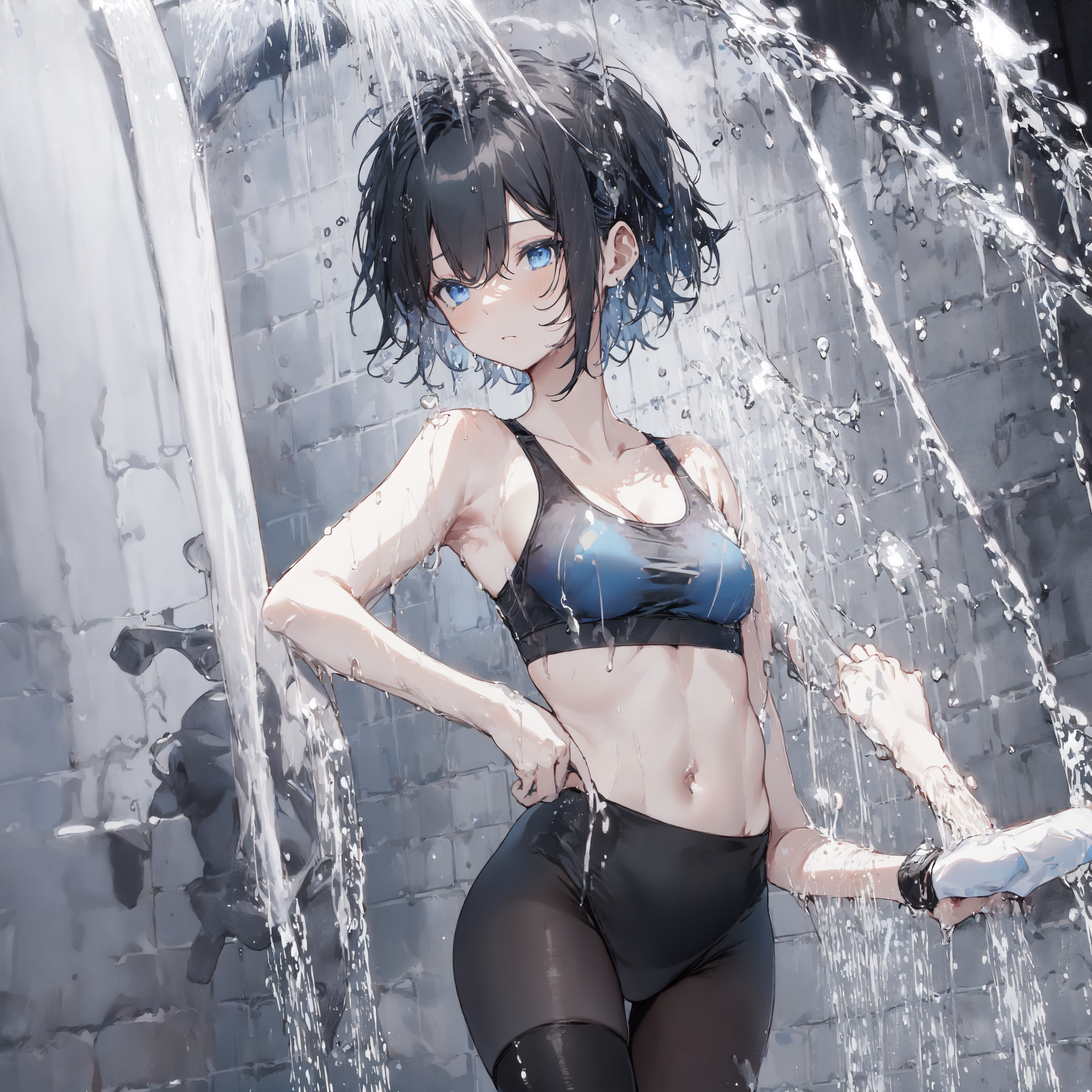 KREA - athletic beautiful tomboy girl with short dark blue hair, sport bra,  full body shot, artstation, kyoani, high resolution, 4k, lighting