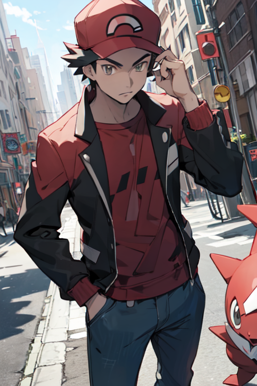 pokemon trainer,boy and cool and handsome.wearing re