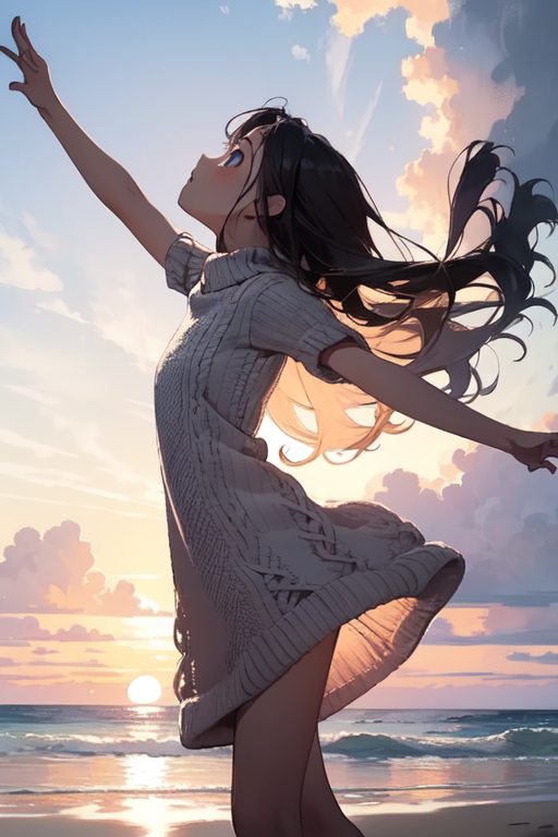 A Cute Anime Cat Girl in Dynamic Pose, at a Beach with Sunrise