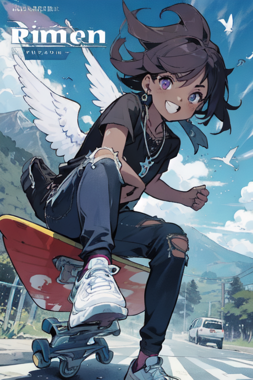 Dark blue hair anime boy skateboarding