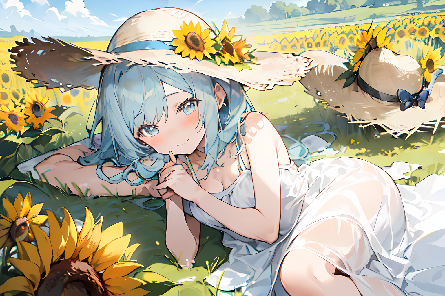 anime girl wearing straw hat holding a sunflower