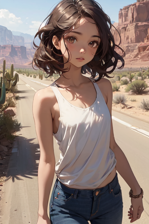 Beautiful Woman Wearing Denim Shorts And Top Outdoors In Desert