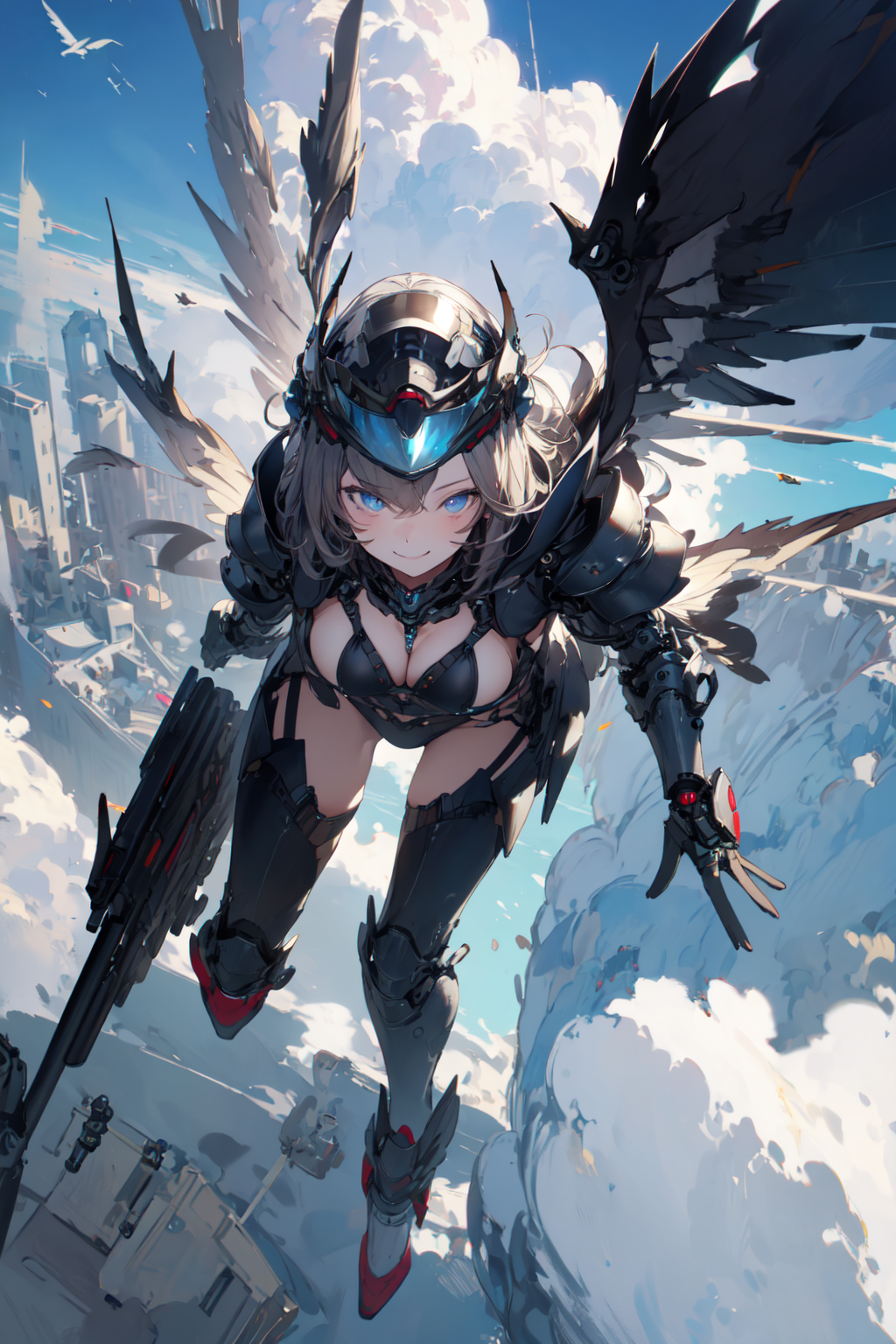 Anime,girl,wings,fly,black hair,smile,sky