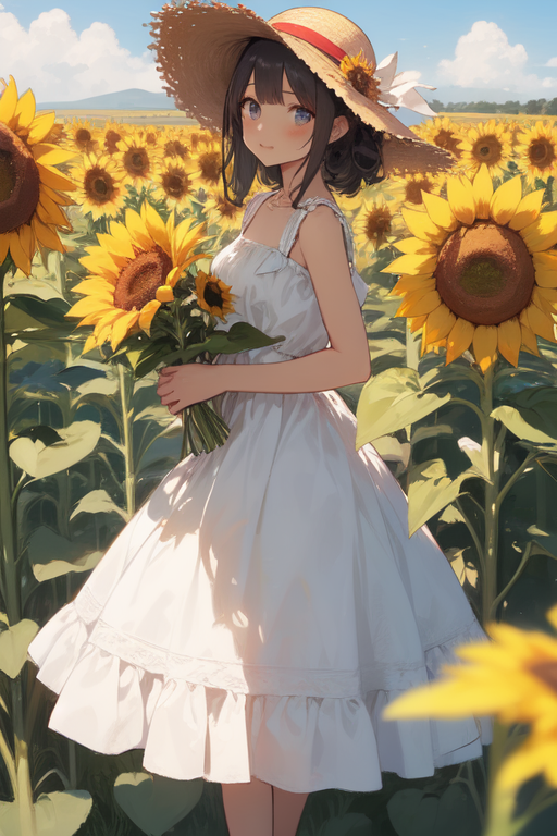 anime girl wearing straw hat holding a sunflower