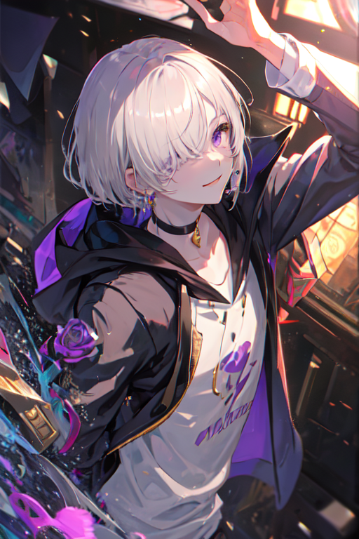 Anime boy, white hair, hoodie, smiling, necklace, gray eyes, Anime