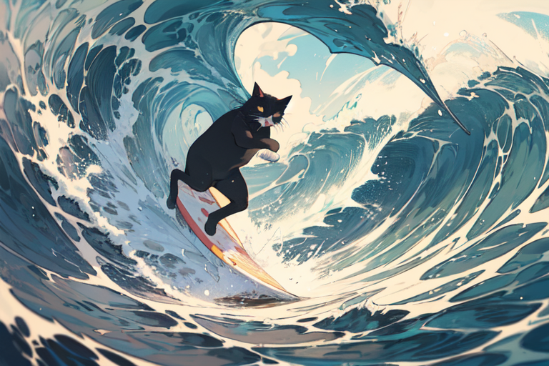 AI Art: 浮世絵風サーフィンキャット / ukiyo-e style surfing cat by