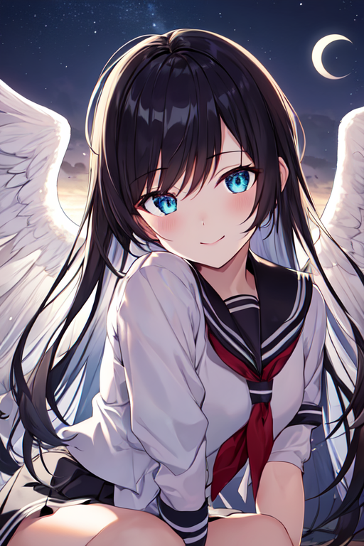 Anime,girl,wings,fly,black hair,smile,sky