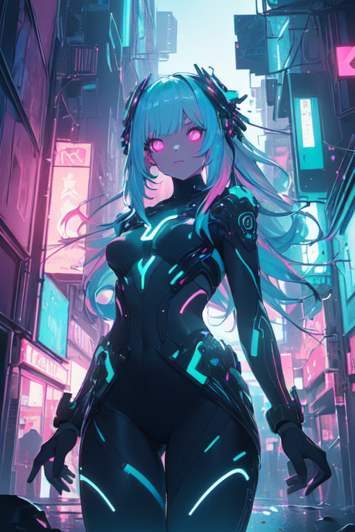 anime cyberpunk girl wearing futuristic outfit in a neon city at