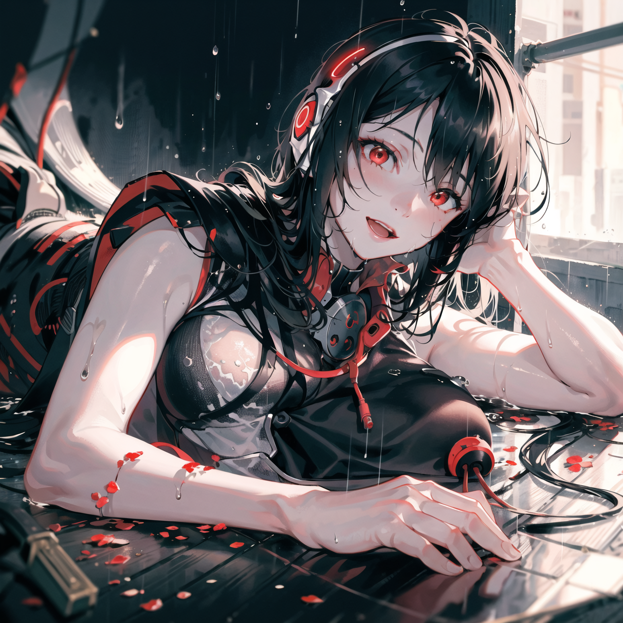 Premium AI Image  anime girl with a black headband and red headphones