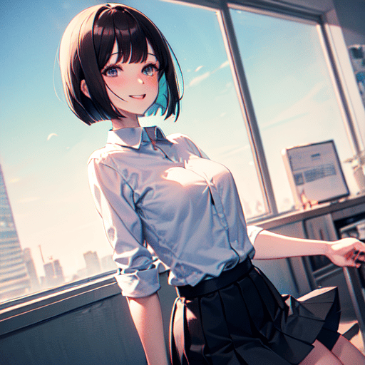 Anime style young woman, long hair, shy, wearing cute blouse and pleated  mini skirt, big brown eyes - AI Generated Artwork - NightCafe Creator