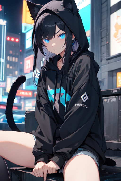 Premium Photo  Anime girl with cat ears and hoodie in a city