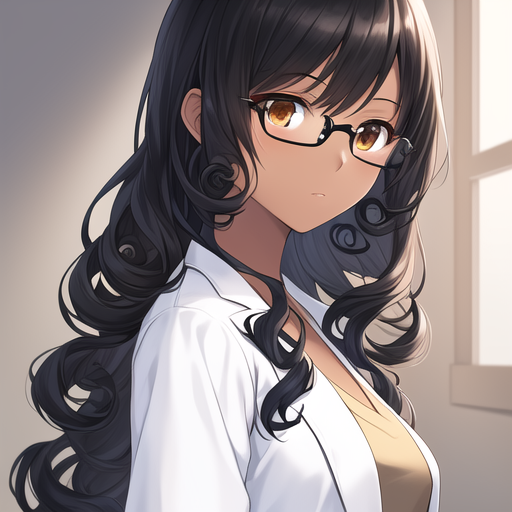 Illustration of a dark-skinned anime girl with glasses and curly hair