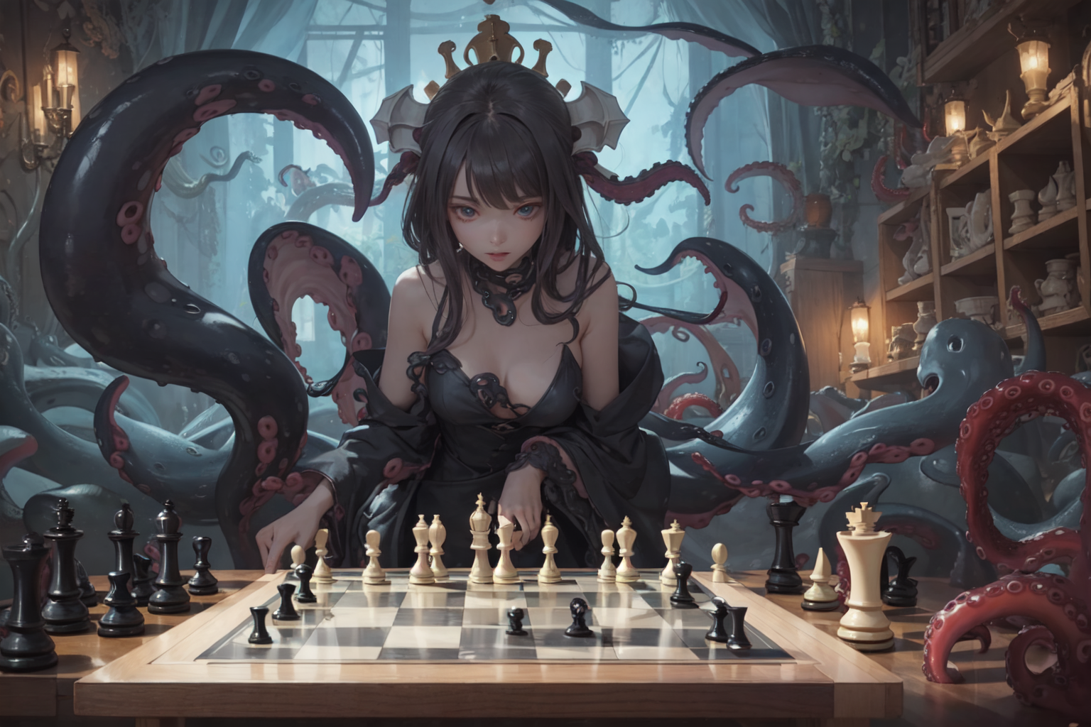 AI Art: Checkmate! ~ Chess Duel: Fox Girl vs. Tentacle by @Koneko Aisuzu