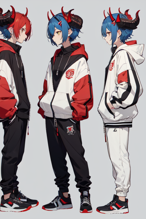 Anime character with dark green hair, black hoodie with purple hood, gray  pants, red shoes. blue eyes. and a male human