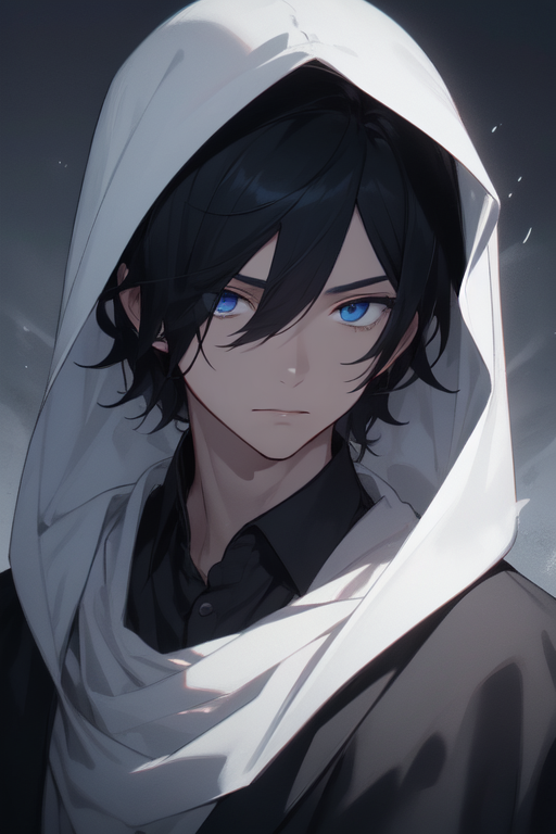 Blue eyes anime boy detailed black - AI Photo Generator - starryai