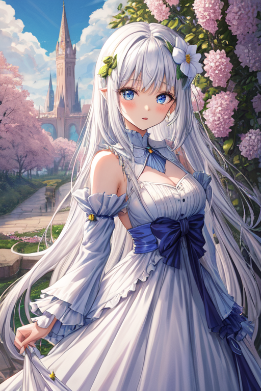 White Hair Blue Dress Flowers Princess Purple Eyes Anime Girl HD