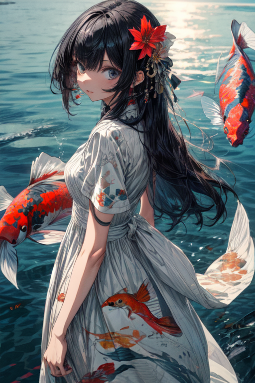 Discount Delight Beautiful Drawn art - Anime Girl with Koi Fish