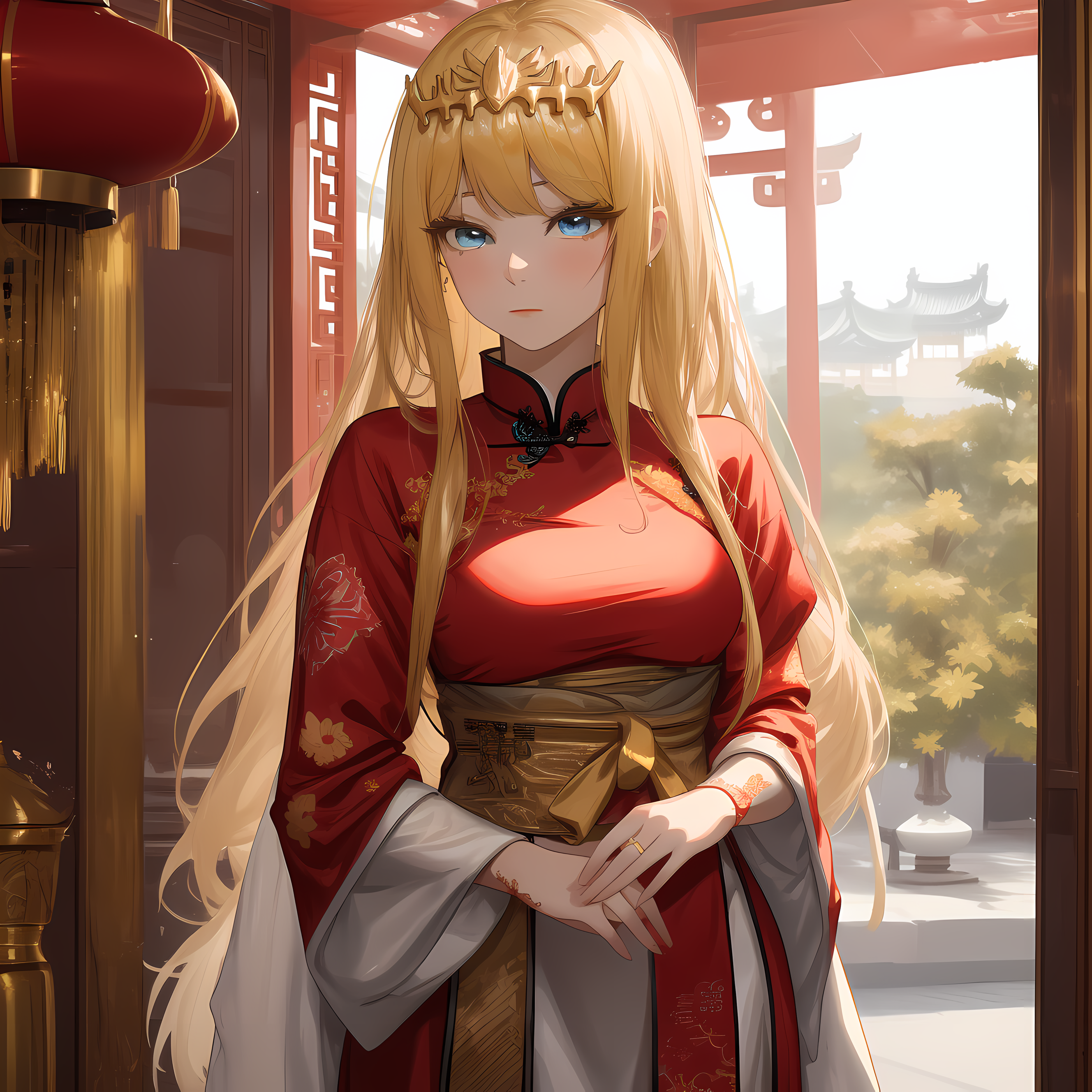 AI Art: Calca Bessarez - Chinese red dress with golden tiara by @Uthaiyama  (Overlord FanFic writer - Calca Bessarez Fanclub) | PixAI