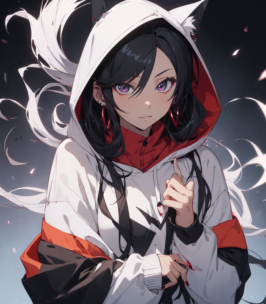 AI Art: an anime picture of a female anime character wearing a rainbow  hooded sweater, earrings, jewelry, 1 girl, female focus, black background,  solo, looking at viewer, hood up, upper body, red