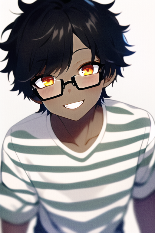 Smiling anime boy with dark hair and golden eyes