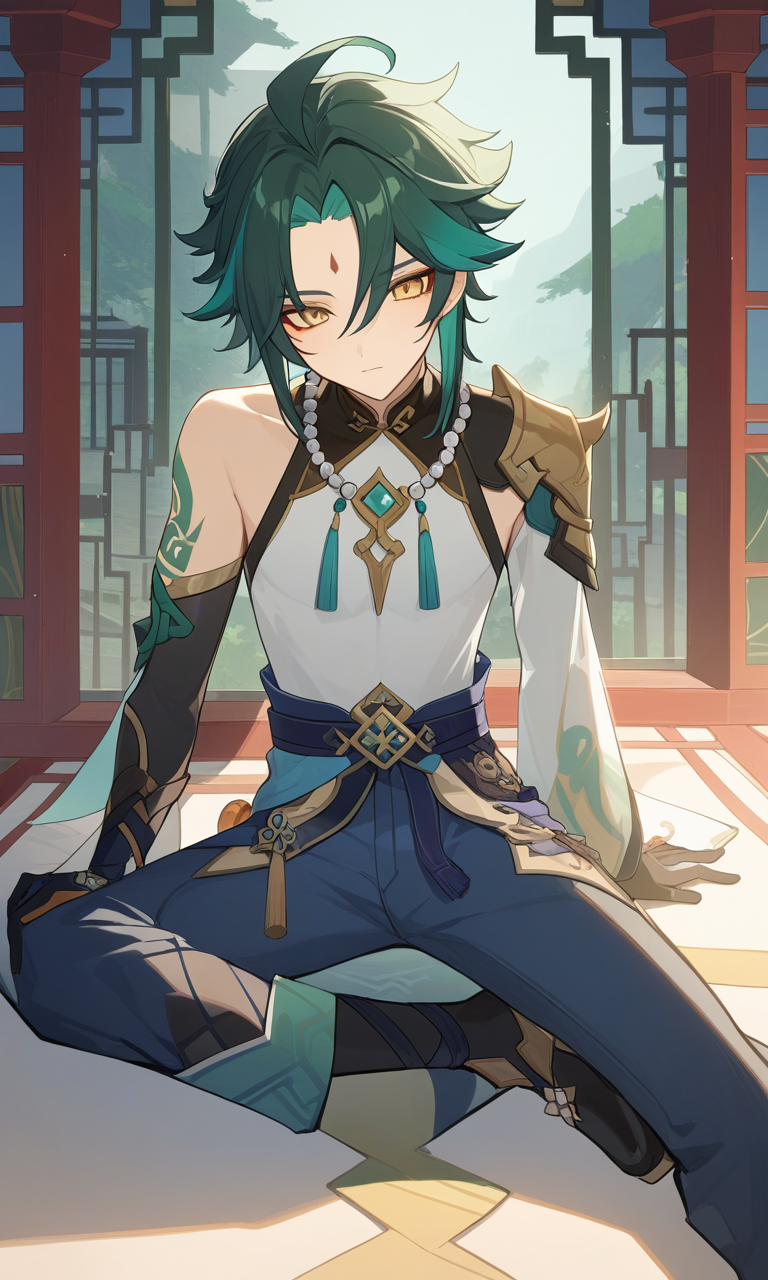 AI Art: Xiao: The Mysterious Genshin Impact Character with Green Hair and  Tattoos by @LoudFoxRiderVIII | PixAI