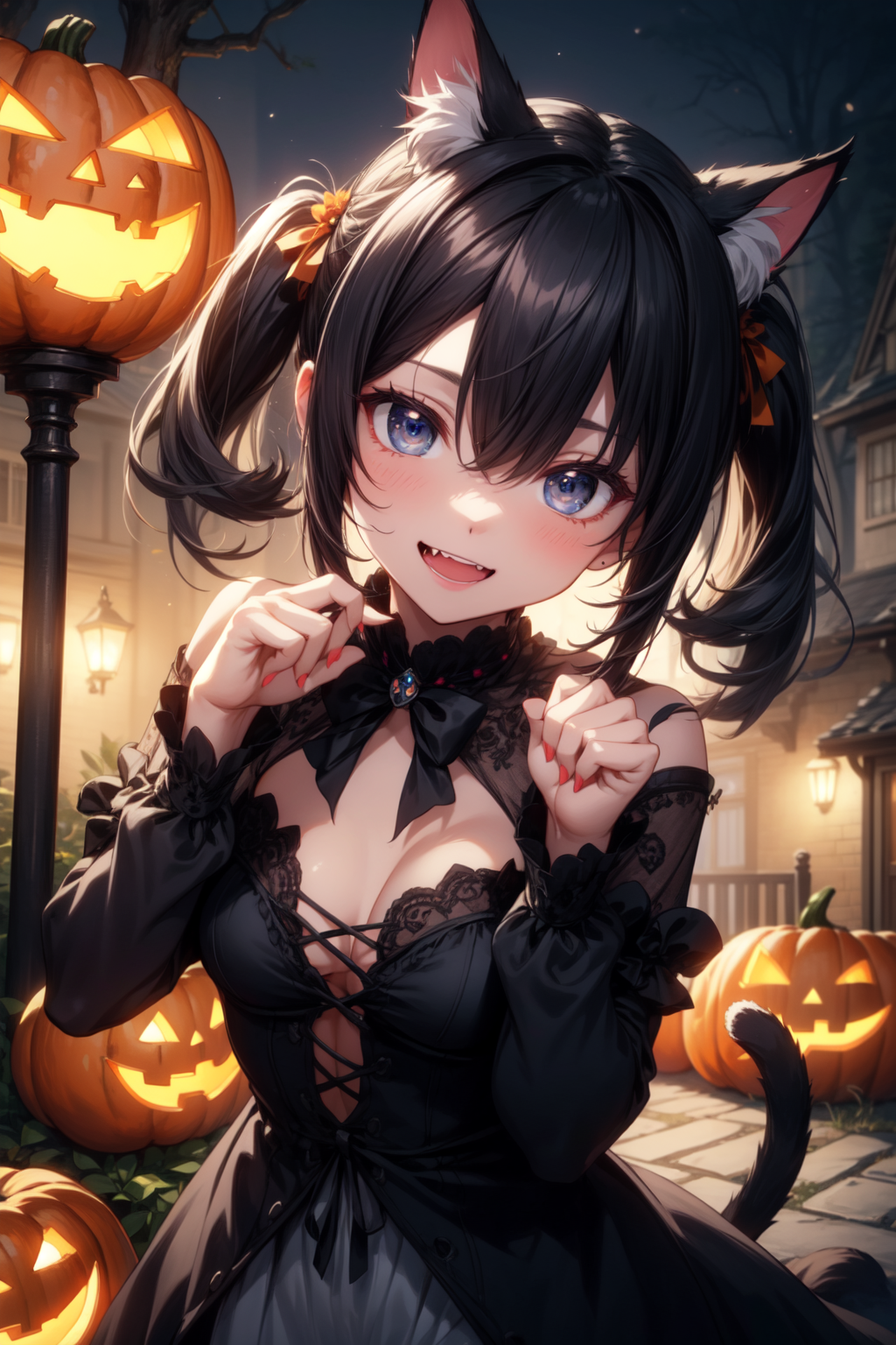 Cute Anime Cat Girl in Black Costume with Long Hair