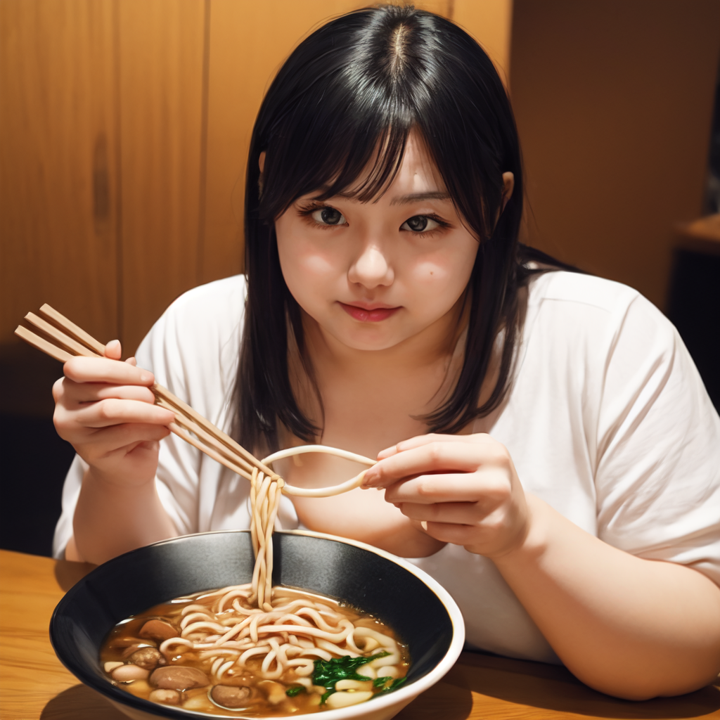 AI Art: Beautiful fat Japanese eating her ramen by  @user-1748830474310524096 | PixAI