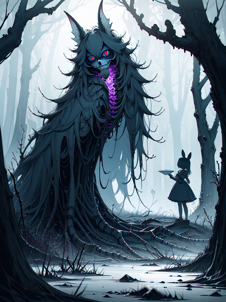 AI Art: Alice in spooky land (Alice,Cheshire Cat) by @kujac