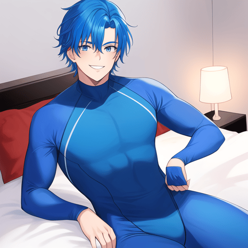 Anime boy wearing a blue spandex bodysuit full body