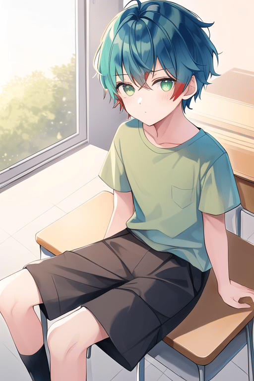 Anime, cute, red green blue hair, color t-shirt