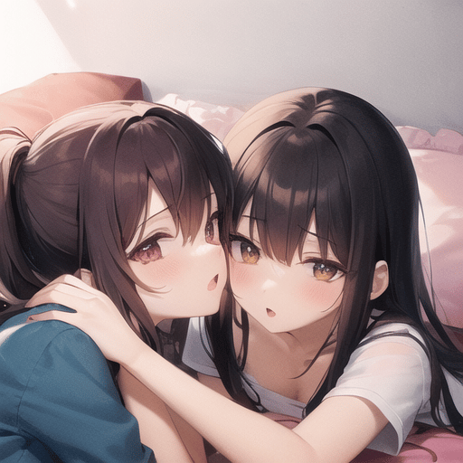 2 anime girl kissing on a bed 