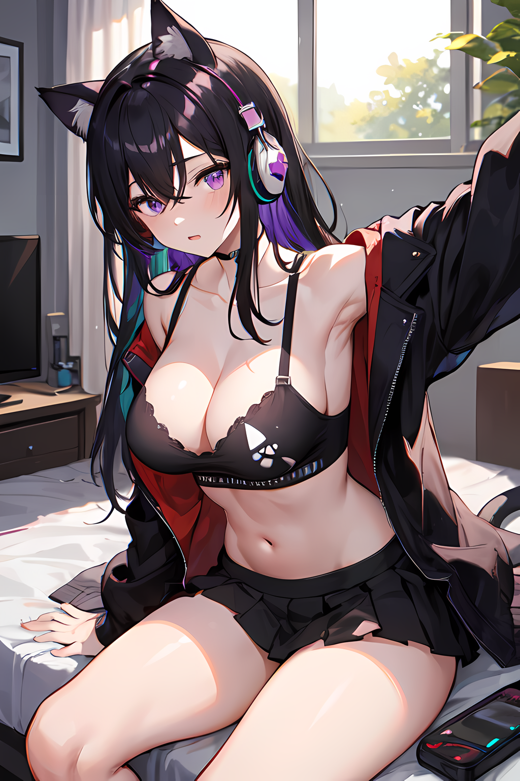 AI Art: Catgirl black hair bra 💖 by @Anonymous | PixAI