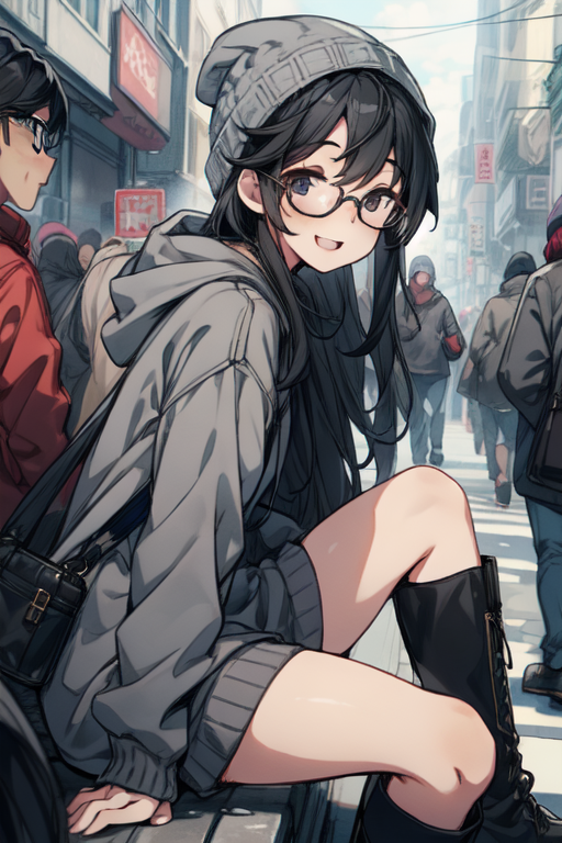 Anime style girl with long black hair in a single braid with brown eyes and  a light pink hoodie with light pink glasses
