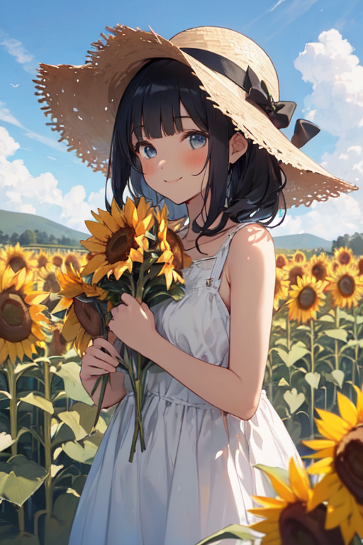 anime girl wearing straw hat holding a sunflower