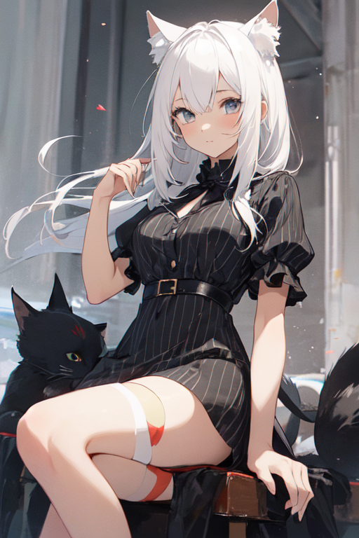 Cute Anime Cat Girl in Black Costume with Long Hair, AI Art Generator