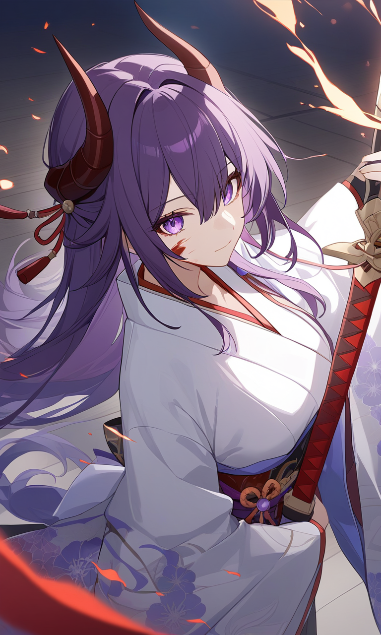 AI Art: The Enigmatic Acheron: A Splash of Blood and Power in White Kimono  by @ChillNinjaIII | PixAI