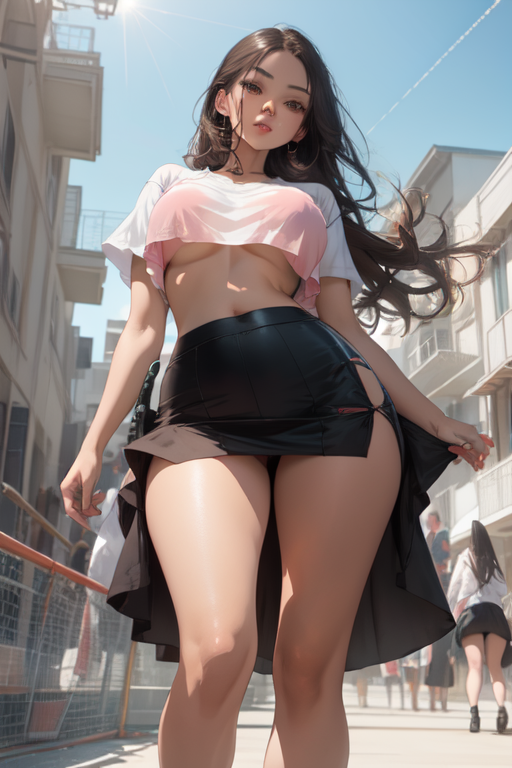AI Art: from below,Beautiful woman, mature woman, long hair, straight hair,  pink white transparent cropped t-shirt, midriff cropping, cropped tight  skirt, slim figure, long thighs, thin body, huge boobs, big boobs, standing