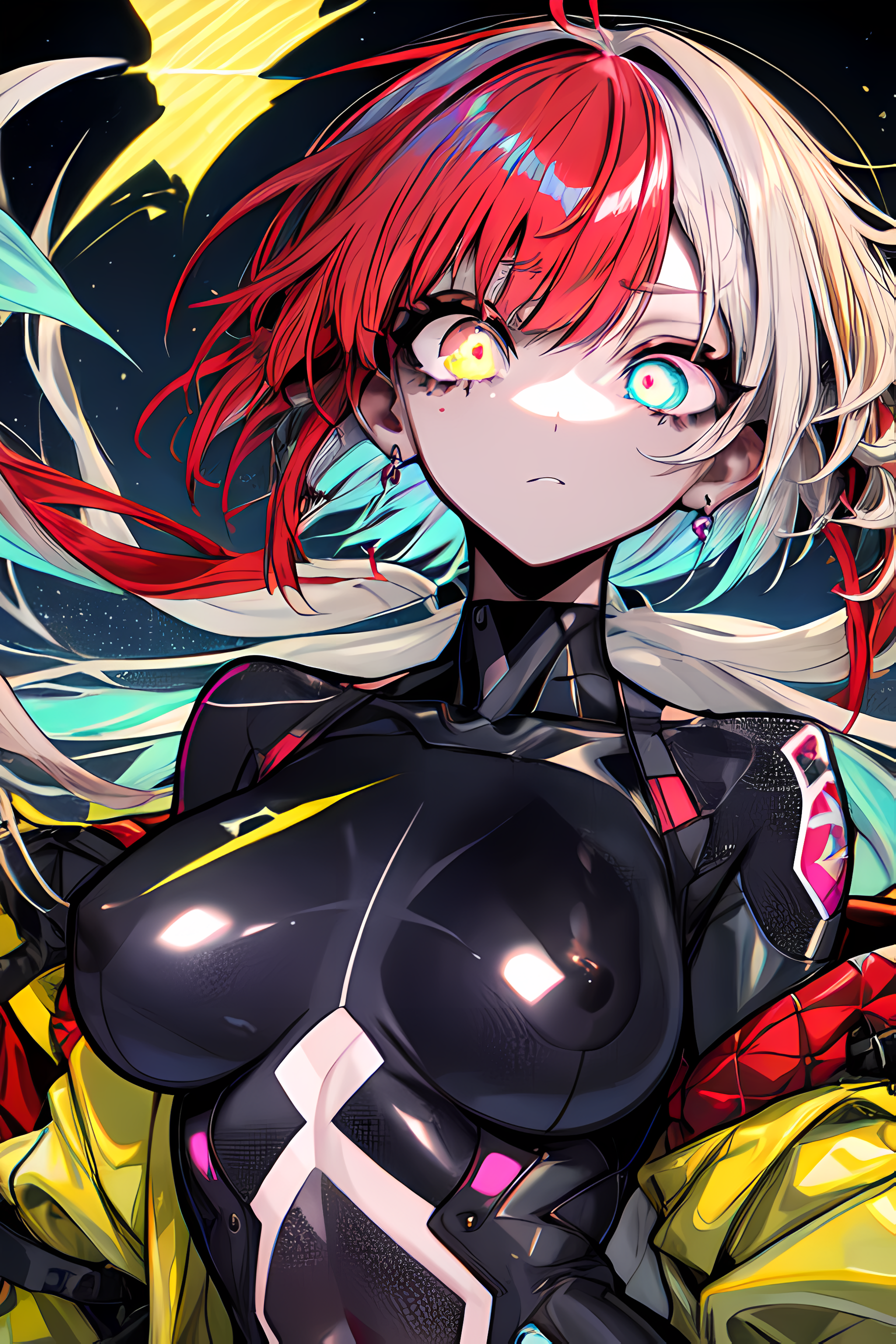 Glowing armor,gaming light effect,rainbow effect,technological singularity  girl,only the left girl's shoulder is red,illustration of beautiful girl  ,manga face,anime face,loli face,perfect pupil of the eyes ,animated  eyes,eyes like anime,beautiful full
