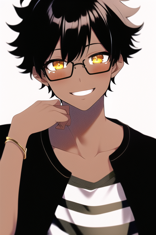 Smiling anime boy with dark hair and golden eyes